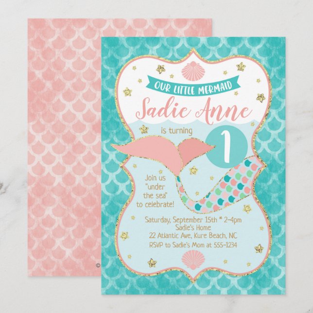 Mermaid Birthday Coral und Aquamarin Einladung (Vorne/Hinten)