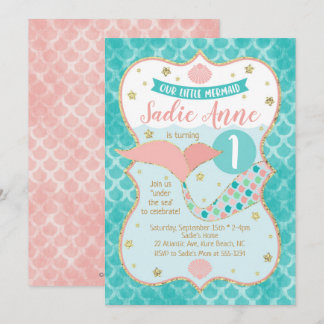 Mermaid Birthday Coral und Aquamarin Einladung