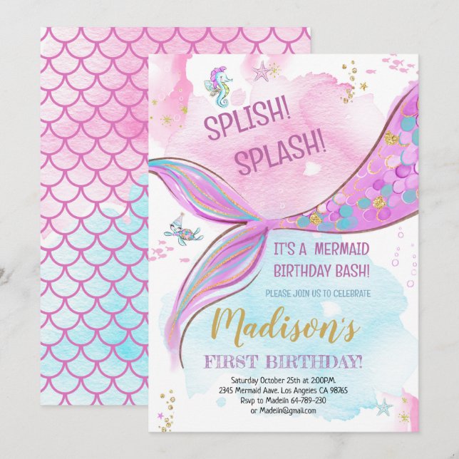 Mermaid Birthday Einladung (Vorne/Hinten)