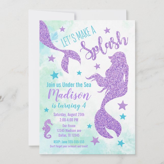 Mermaid Birthday Einladung Aquamarin und Lila (Vorderseite)