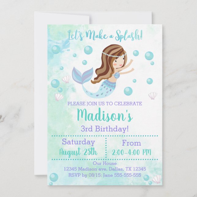 Mermaid Birthday Einladung Aquamarin und Lila (Vorderseite)