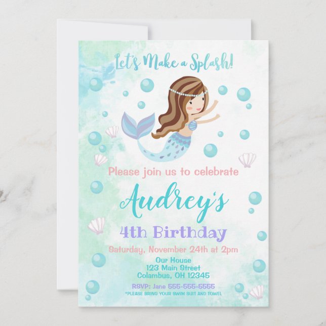 Mermaid Birthday Einladung / Brünette Meerjungfrau (Vorderseite)