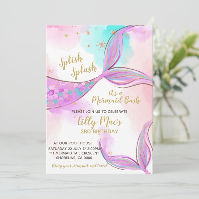 Mermaid Birthday Einladung für ein Mädchen, bearbe (Stehend Vorderseite)
