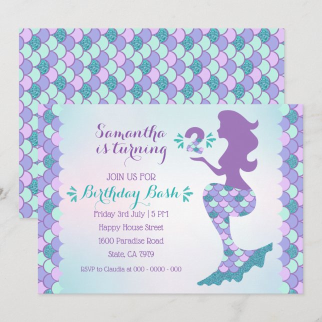 Mermaid Birthday Einladung Mermaid Nummer 2 (Vorne/Hinten)