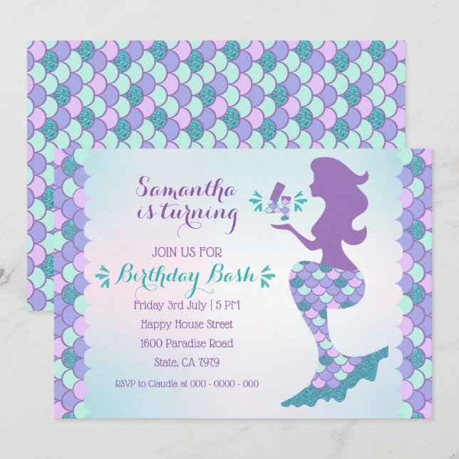 Mermaid Birthday Einladung Mermaid Nummer 4 (Vorne/Hinten)