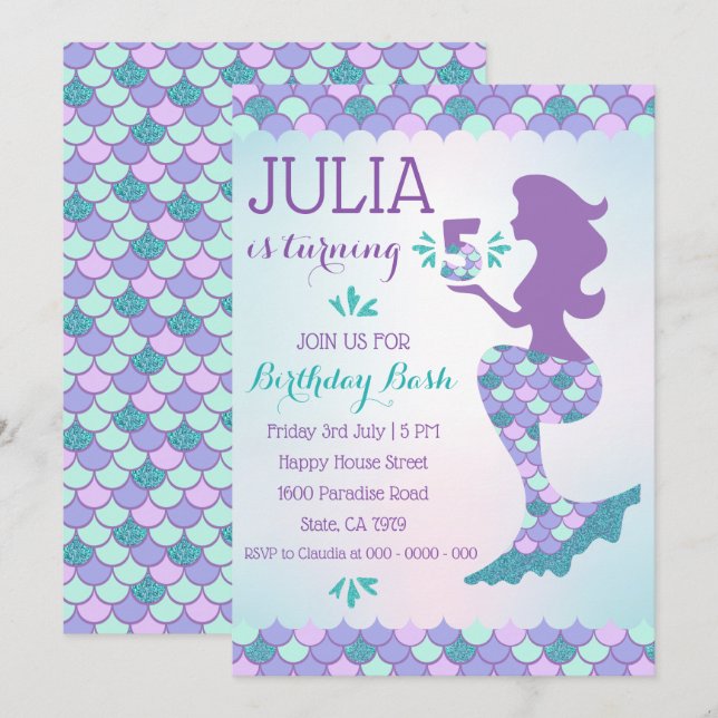 Mermaid Birthday Einladung Mermaid Nummer 5 (Vorne/Hinten)