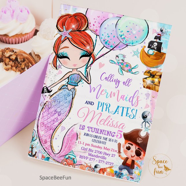 Mermaid Birthday Einladung Mermaid und Pirates (mermaid birthday party,Mermaid and pirates,Birthday Invitation,Mermaid Pirates invites,Party mermaid)