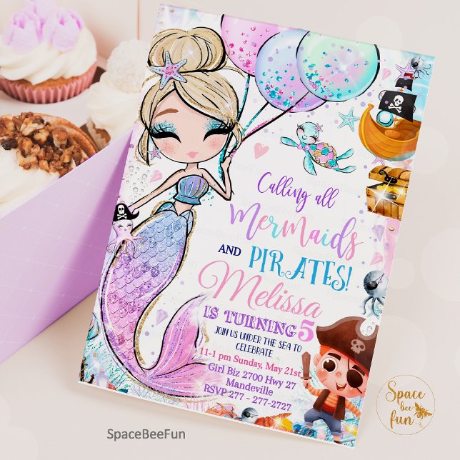 Mermaid Birthday Einladung Mermaid und Pirates (mermaid birthday party,Mermaid and pirates,Birthday Invitation,Mermaid Pirates invites,Party mermaid)