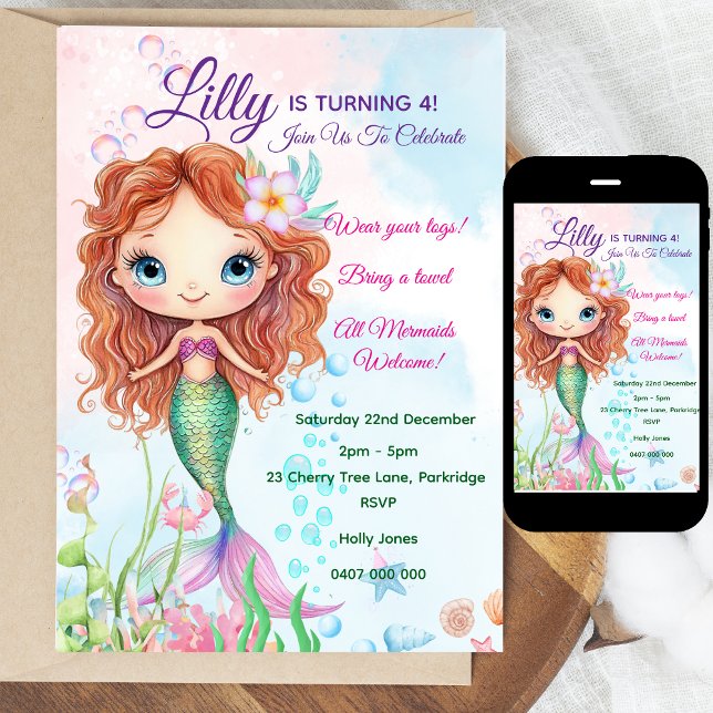 Mermaid Birthday Einladung - Personalisiert (Personalized Watercolor Mermaid Birthday Invitation | Editable Text | Digital or Printed | Coloring )