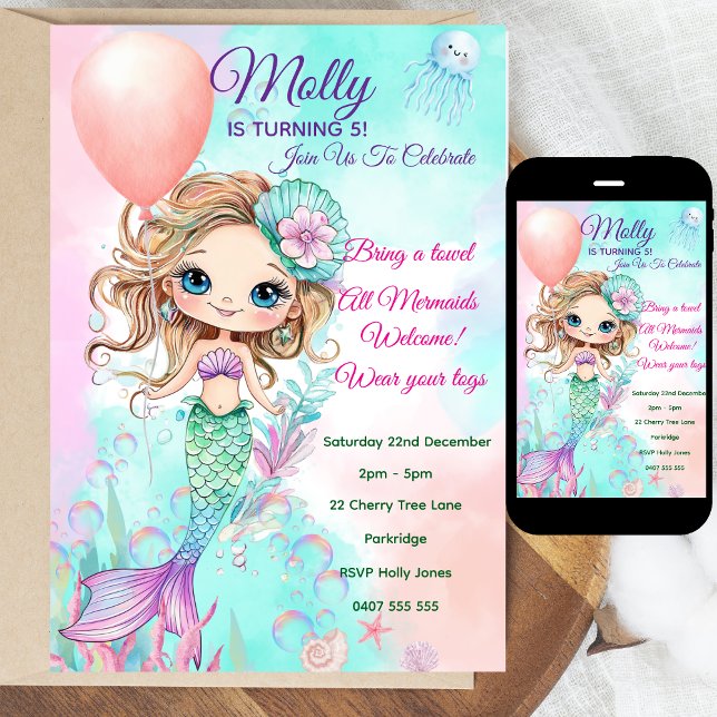 Mermaid Birthday Einladung - Personalisiert (Personalized Watercolor Mermaid Birthday Invitation | Editable Text | Digital or Printed | Coloring )