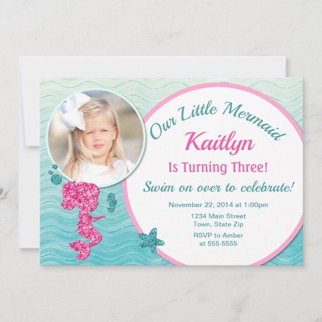 Mermaid Birthday Einladung Pink Girl Glitzer (Vorderseite)