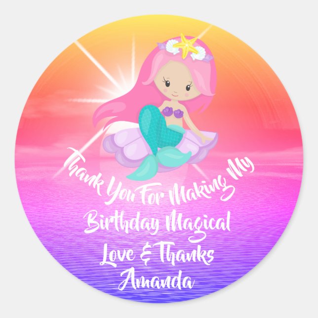 Mermaid Birthday Favor Girl Magic Sunset Pink Runder Aufkleber (Vorderseite)