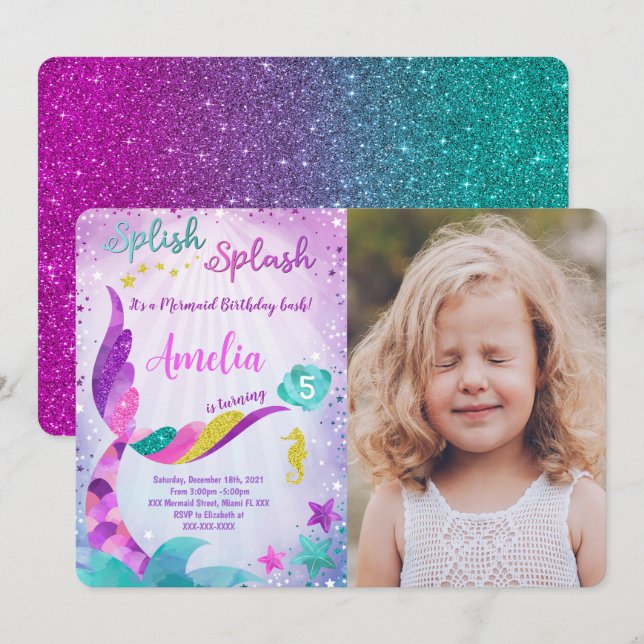 Mermaid Birthday Foto Einladung (Vorne/Hinten)