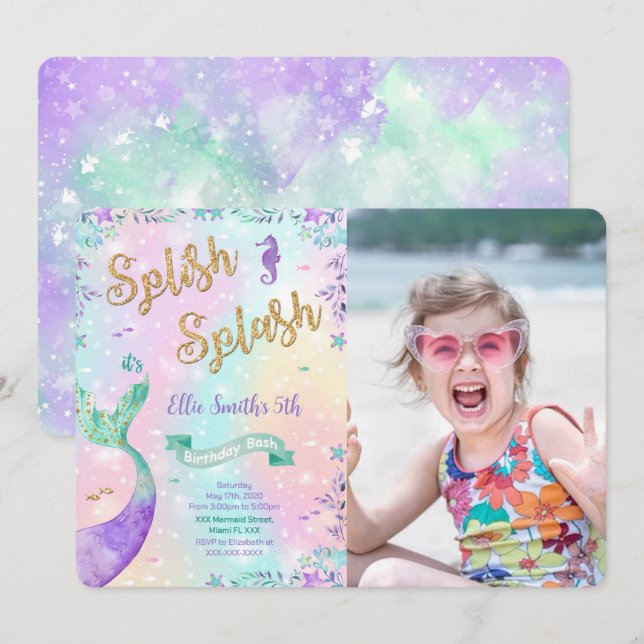 Mermaid Birthday Foto Einladung (Vorne/Hinten)