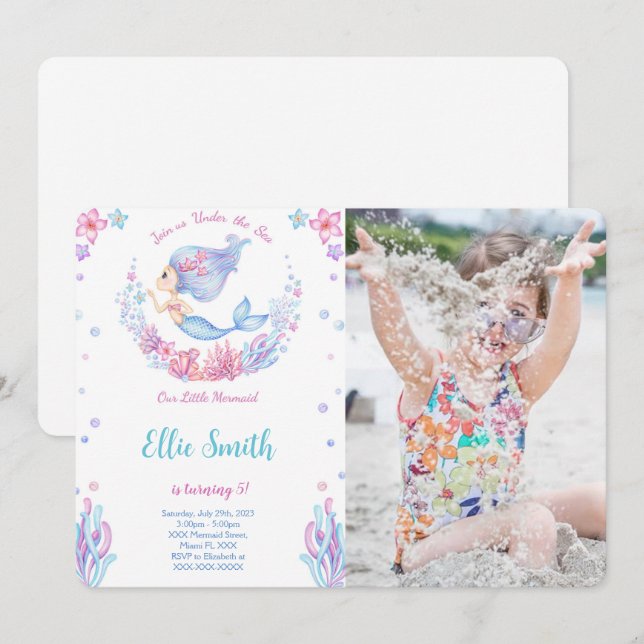 Mermaid Birthday Foto Einladung (Vorne/Hinten)
