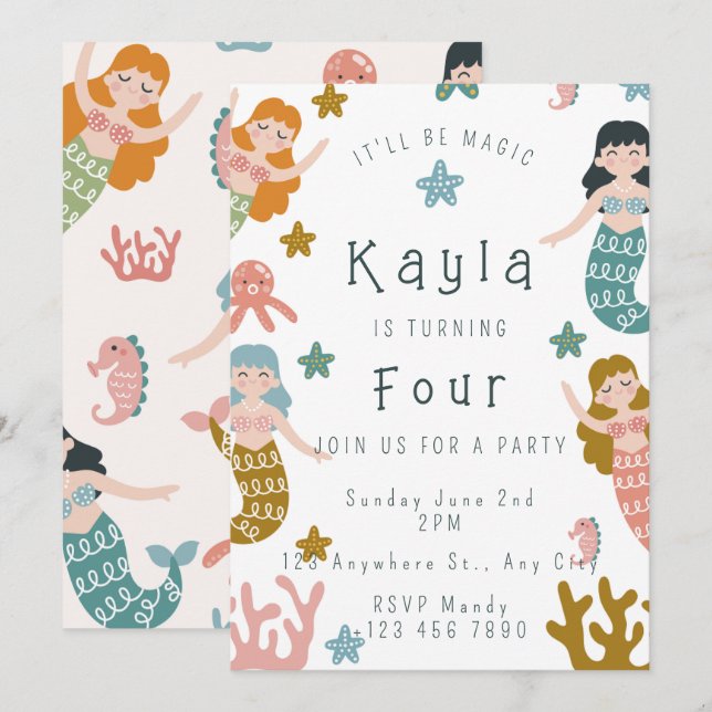 Mermaid Birthday Invitation (Devant / Derrière)