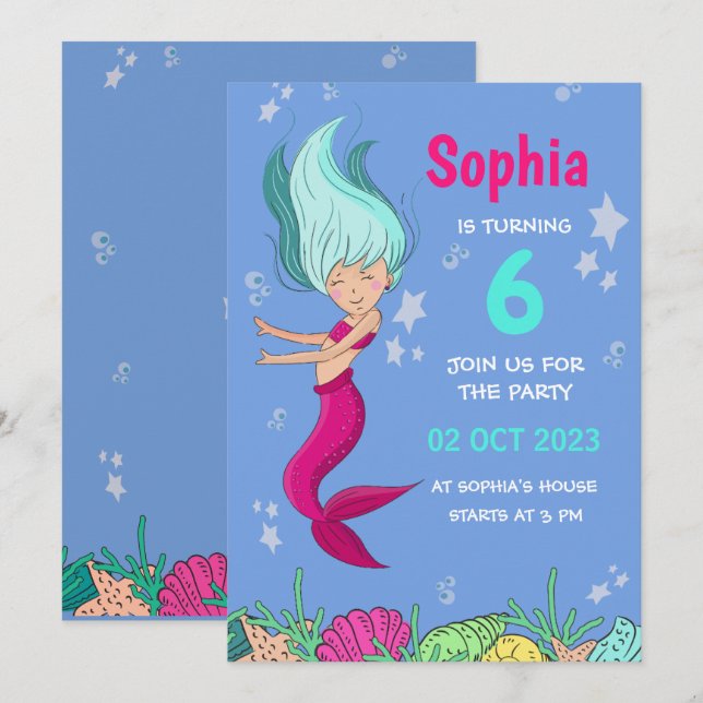 Mermaid Birthday Invitation, Girls Birhday Party Einladung (Vorne/Hinten)