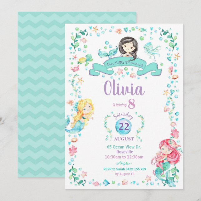 Mermaid Birthday Invitation Girls Pool Party Einladung (Vorne/Hinten)