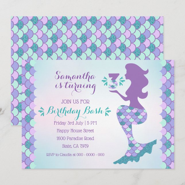 Mermaid Birthday Invitation Mermaid Numéro 3 (Devant / Derrière)