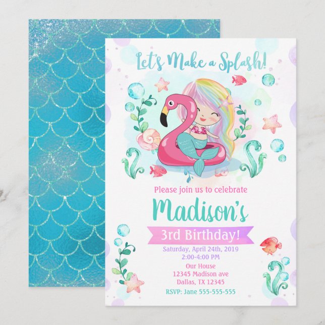 Mermaid Birthday Invitation / Under Sea Party Einladung (Vorne/Hinten)