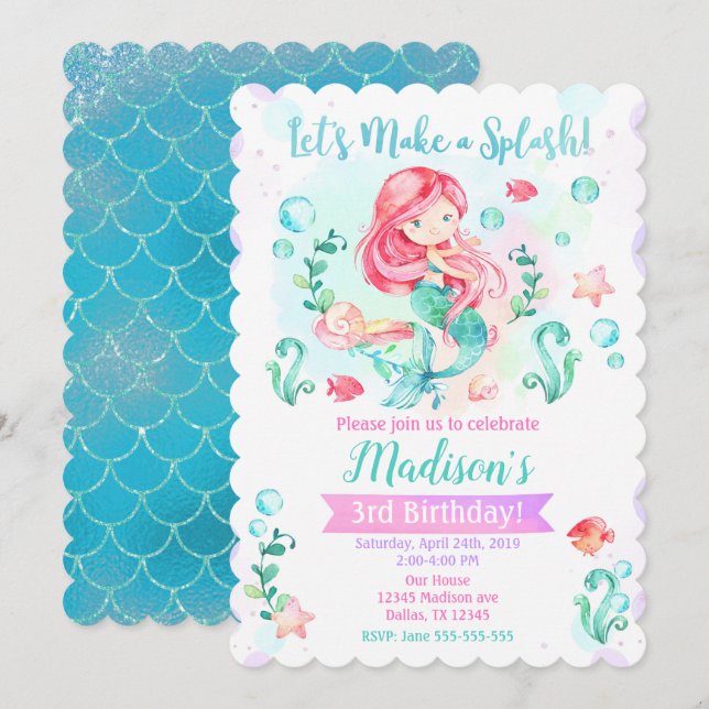 Mermaid Birthday Invitation / Under Sea Party Einladung (Vorne/Hinten)