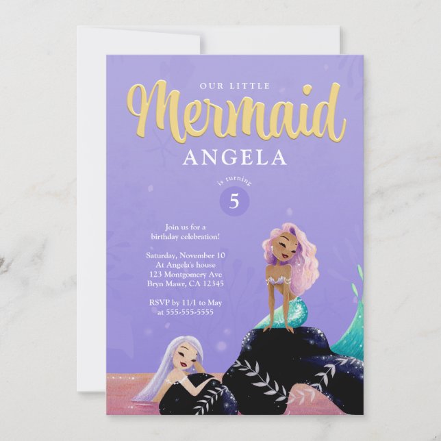 Mermaid Birthday Lila Einladung (Vorderseite)