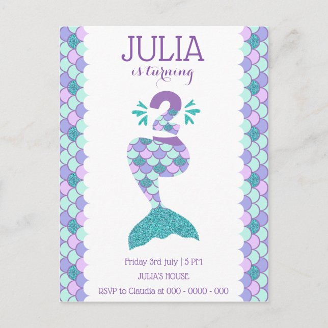 Mermaid Birthday Mermaid Nummer 2 Einladungspostkarte (Vorderseite)