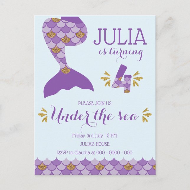 Mermaid Birthday Mermaid Nummer 4 Einladungspostkarte (Vorderseite)