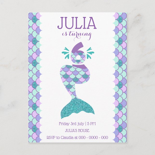 Mermaid Birthday Mermaid Nummer 6 Einladungspostkarte (Vorderseite)