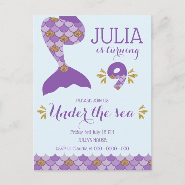 Mermaid Birthday Mermaid Nummer 9 Einladungspostkarte (Vorderseite)