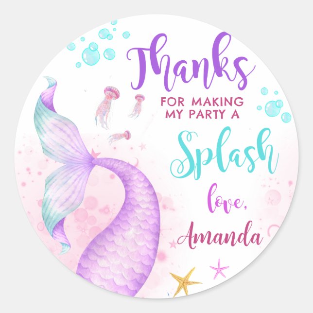 Mermaid Birthday Party Danke, Classic Runder Aufkleber (Vorderseite)