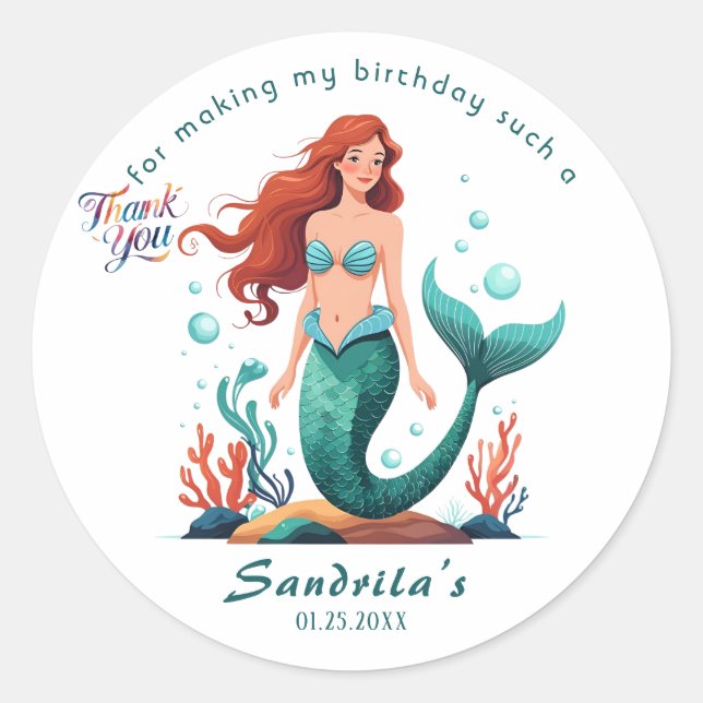 Mermaid  Birthday Party der The Sea Mermaid  Runder Aufkleber (Vorderseite)