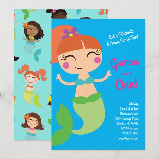 Mermaid Birthday Party Einladung (Vorne/Hinten)