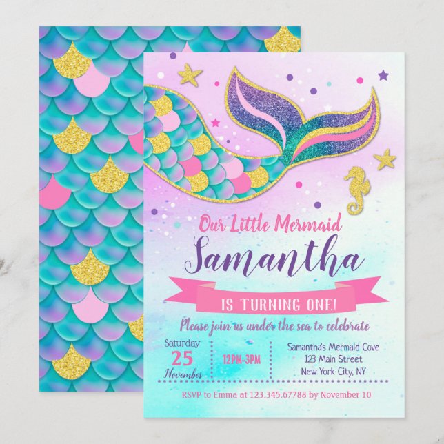 Mermaid Birthday Party Einladungen (Vorne/Hinten)
