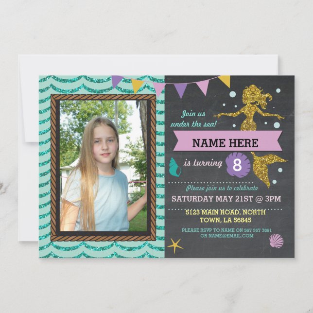 Mermaid Birthday Party Foto Gold Glitzer Einladung (Vorderseite)