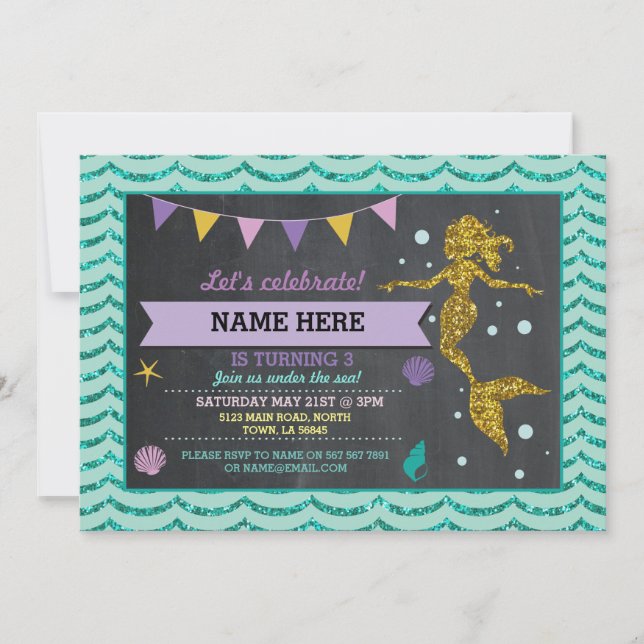 Mermaid Birthday Party Gold Glitzer Sea Einladung (Vorderseite)