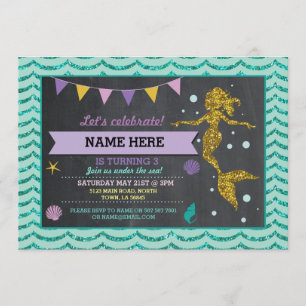 Mermaid Birthday Party Gold Glitzer Sea Einladung