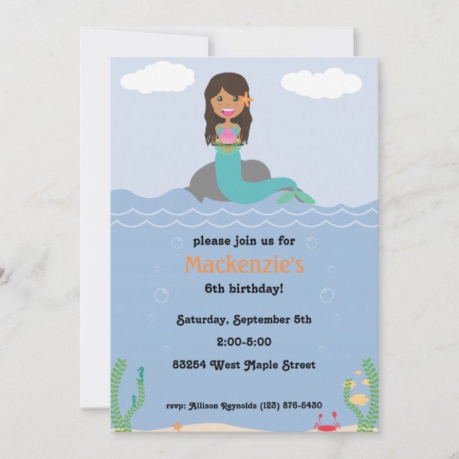 Mermaid Birthday Party Invasion - Tan/Dark Brown Einladung (Vorderseite)