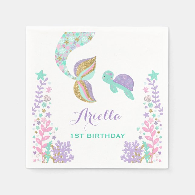 Mermaid Birthday Party Napkin Whimsical Meerjungfr Serviette (Vorderseite)