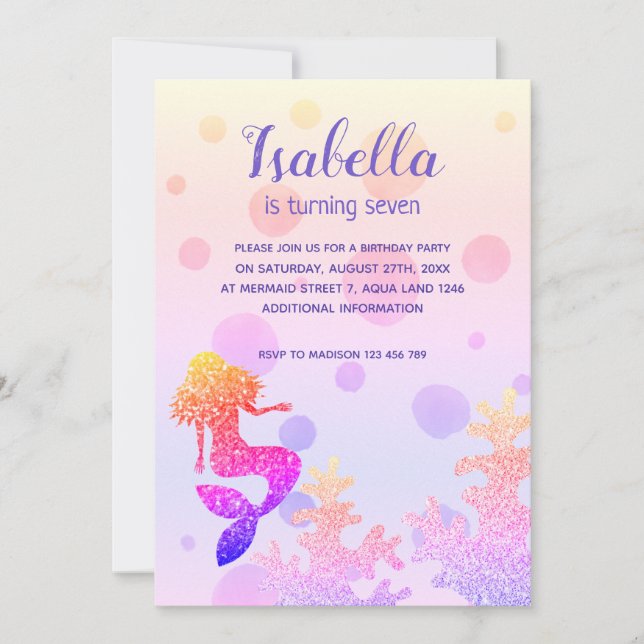 Mermaid Birthday Party Pink Lila Glitzern Einladung (Vorderseite)