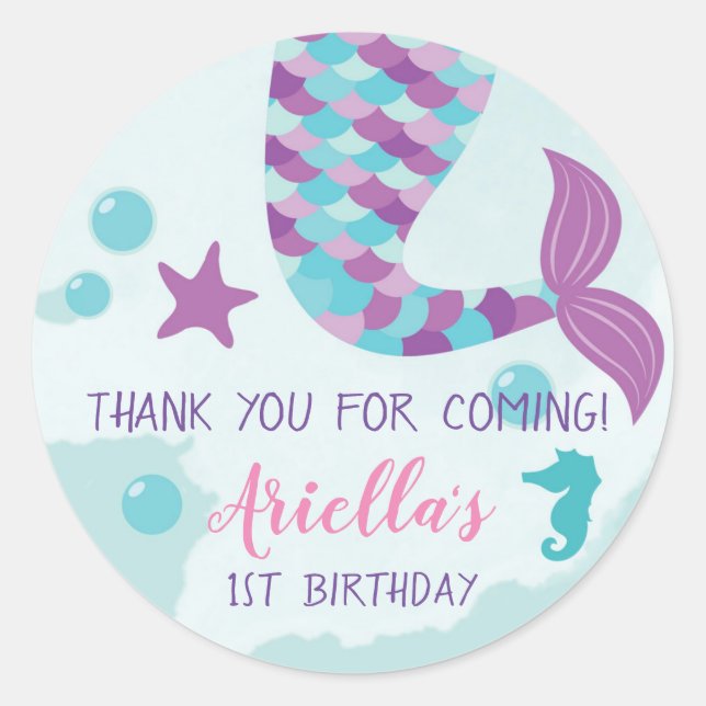 Mermaid Birthday Party Runder Aufkleber (Vorderseite)