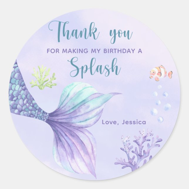 Mermaid Birthday Party Under Sea - Danke Runder Aufkleber (Vorderseite)