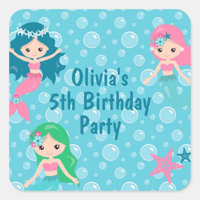 Mermaid Birthday Personalisiert Quadratischer Aufkleber (Vorderseite)