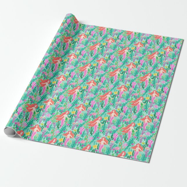 Mermaid Birthday Pool Beach Party Wrapping Paper Geschenkpapier (Ungerollt)