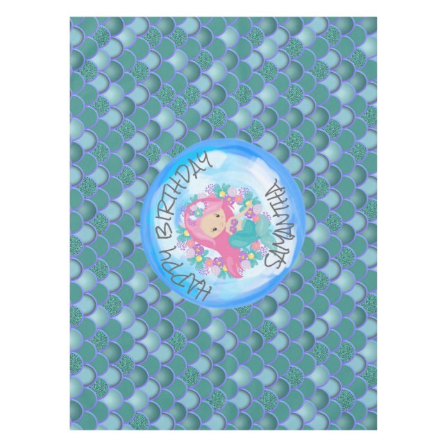 Mermaid Birthday Sea Blue Green Scales Tableclout Tischdecke (Vorderseite)