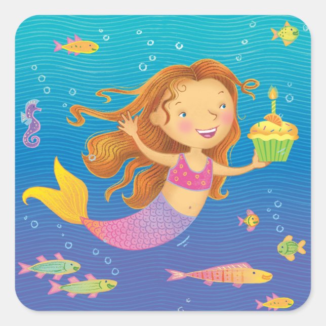 Mermaid Birthday Square Stickers (Vorderseite)
