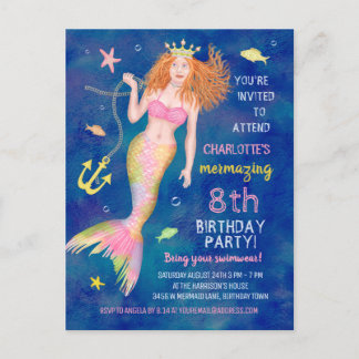 Mermaid Birthday Under Sea Redhead Pool Party Einladungspostkarte