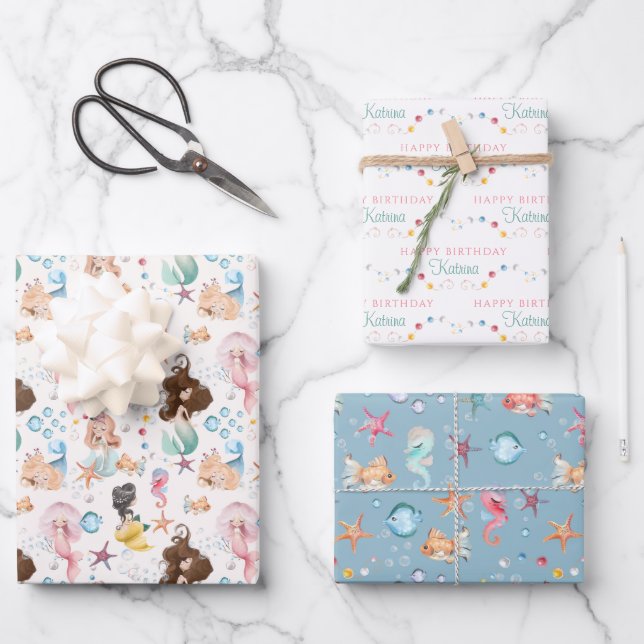 Mermaid Birthday Wrapping Paper Sheets Geschenkpapier Set (Vorderseite)