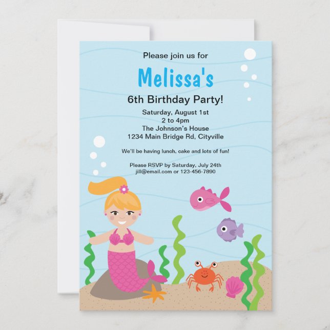 Mermaid Blonde Birthday Einladung (Vorderseite)