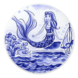 Mermaid Blue and White Mediterranean Folk Art Keramikknauf